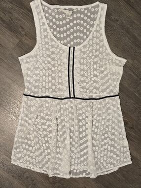 LC Lauren Conrad Sheer Lace Peplum Top White Sleeveless Floral Mesh Blouse